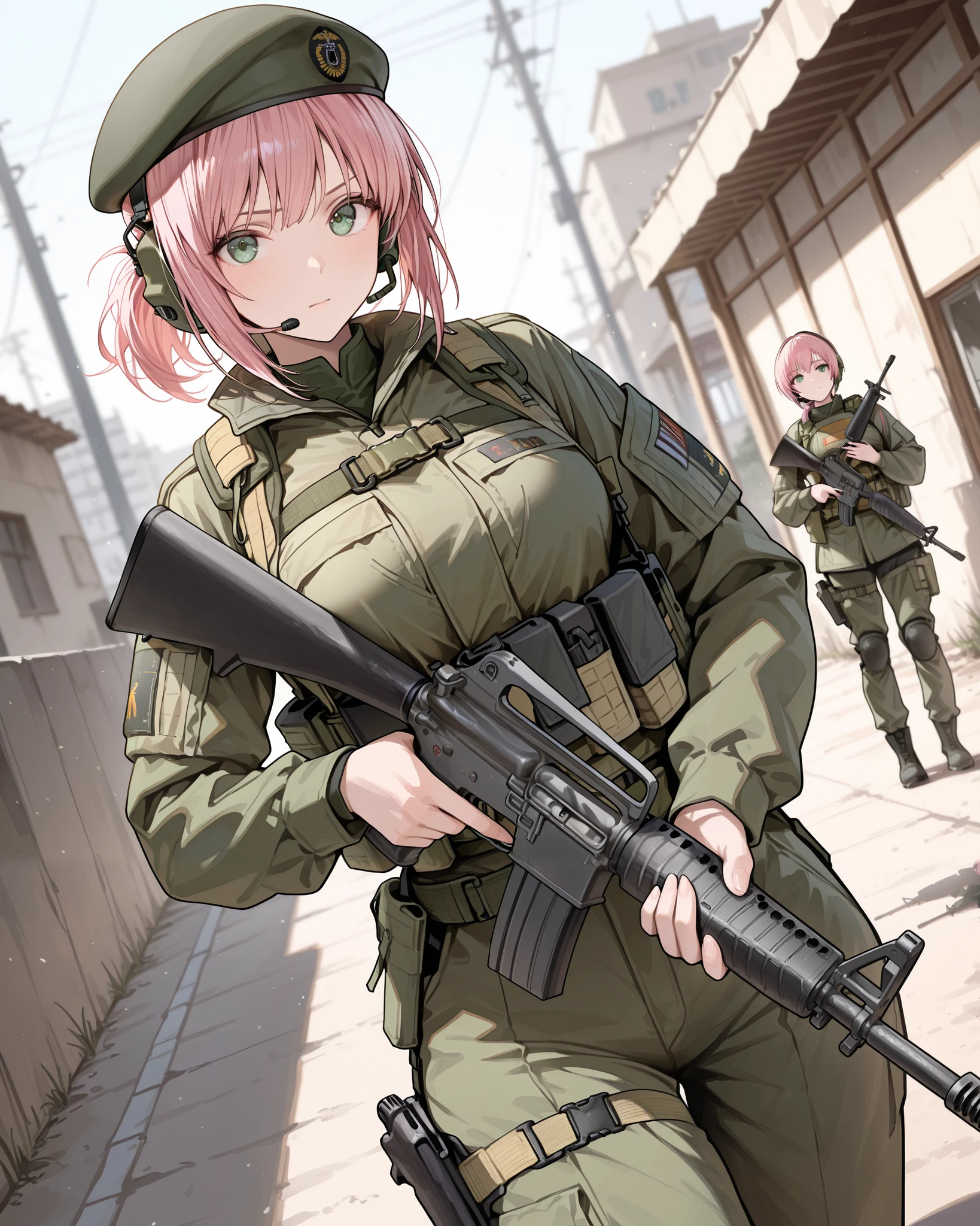 masterpiece, absurdres, highres, newest, solo, solo focus, 1girl, pink hair, short hair, ponytail, green eyes, green uniform, beret, tactical gear, headset, (holding m16, c-m16, m16a2, perfection, perfect gun, very detailed weapon, 1.2), looking at viewer, outdoors, depth of field, dutch angle