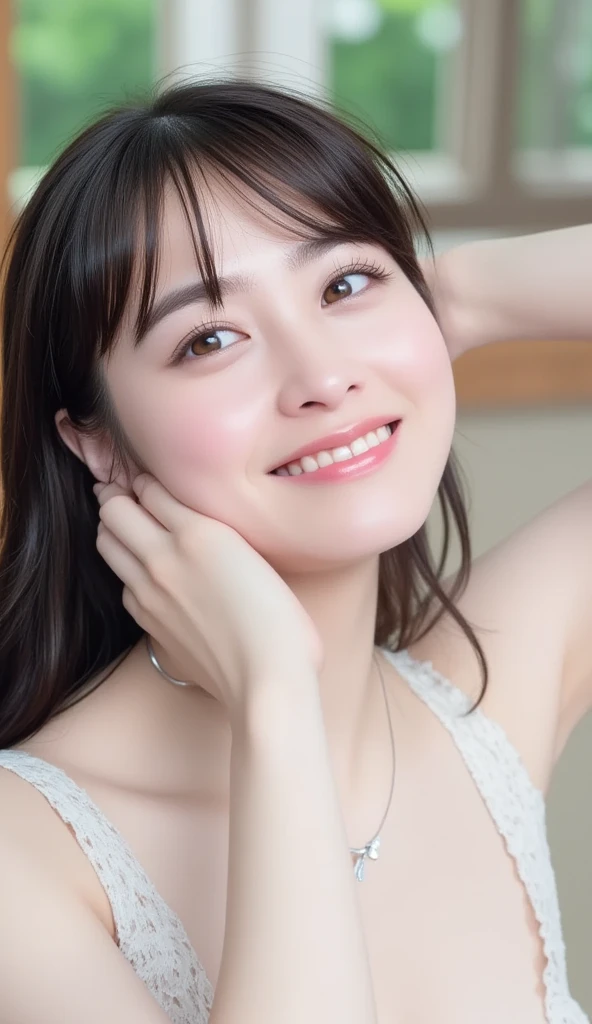 (((smile、Focus on the eyes:1.1、Extremely detailed:1.22、Ultra-high resolution、masterpiece:1.45、Highest quality)))、((((Whole body expression:1.68、camisole、Leaning forward、One person))))、long, straight black hair、So that every single hair is clearly visible、The subtle color changes of hair depending on how the light hits it、 Skin has a natural glow、Fine skin texture、Representing the fine details of pores:1.25、Details of the light redness on the forehead and cheeks、(((Eyes with fine iris details、The eyes depict color gradations and patterns.、Long, natural-looking eyelashes, each and every one visible、Well-groomed eyebrows、眉毛のindivual々The hair is clearly visible、Light reflecting off into the eye、The light in the eyes creates small highlights)))、The nose is delicate、Fine detail on the nostrils、Lips are plump and naturally pink、Depicts the fine lines and soft curves of the lips、lips are shiny and、The gloss on your lips accentuates their shape.、(((Detailed depiction of lip texture、Particular attention to the depiction of light and shadow、Soft natural light gently illuminates the face from the front、A faint glow on the forehead、A slight shine on the nose、A slight glow on the cheeks、Shadows are cast softly along the contours of the face、Accentuate the sides of your cheekbones、Accentuate the sides of the jawline、Emphasize the sides of the nose、The gloss on her lips reflects the light faintly、Lips emphasize the plump texture、The shadow of the hair gives depth and dimension、indivual々The hair shines in the light、