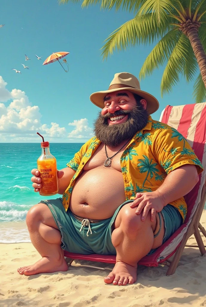 An image of the orange-bearded LOL character Gragas in swim trunks drinking a beer