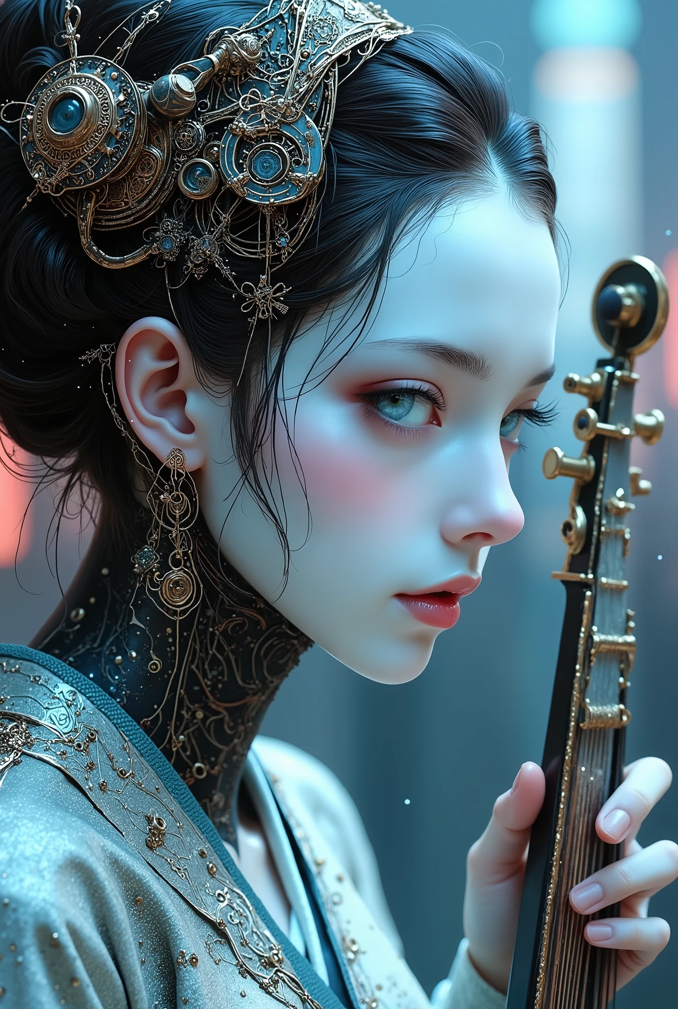 Extraordinarily beautiful and perfect Cyber Android Geisha, playing a traditional Japanese string instrument, ultra-high resolution surreal portrait. Hairstyle oiran, porcelain face with subtle imperfections and light reflections. Intricate mechanical parts visible through transparent panels on the head, miniature gears, circuits and pulsating optical fiber. With electronic shamisen.
