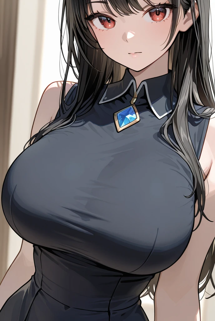 kumashiro maya, hairband, (white dress), bracelet, black thighhighs, makeup, mascara, 1girl, solo, black hair, (microdress), (golden), (bodycon), blush, eyeslashes, fishnet stockings, (face focus), (handbag:0.8), (o-ring:1.2), choker, jewelry, necklace, waist cutout, BREAK masterpiece, best quality, glowing skin, mature figure, voluptuous body, shiny skin, mature women, gigantic hanging breasts, from the front,
