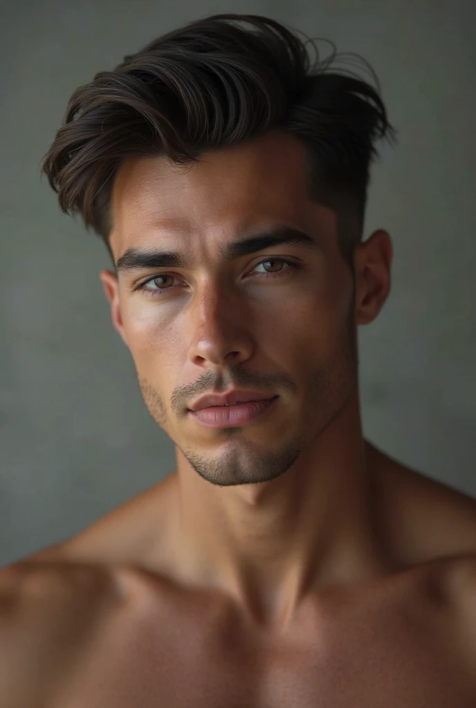 A young man, sem beard, Very beauthful, tanned white skin, blue colored eyes, stylish black hair, brawny, sweat running down his face, with a sexy expression and half-open mouth, hairless, with the penis out, with pre-cum dripping