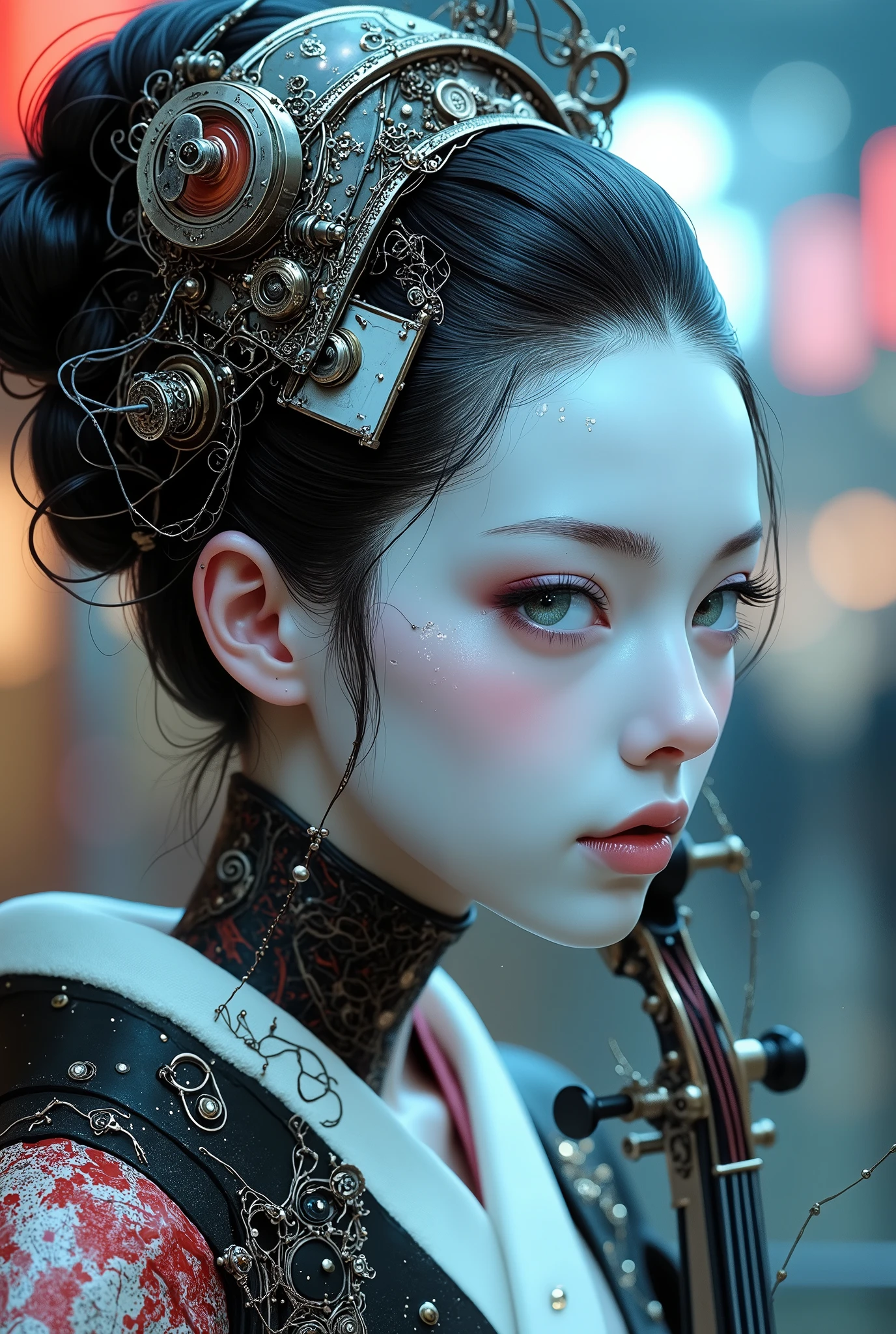 Extraordinarily beautiful and perfect Cyber Android Geisha, playing a traditional Japanese string instrument, ultra-high resolution surreal portrait. Hairstyle oiran, porcelain face with subtle imperfections and light reflections. Intricate mechanical parts visible through transparent panels on the head, miniature gears, circuits and pulsating optical fiber. With electronic shamisen.