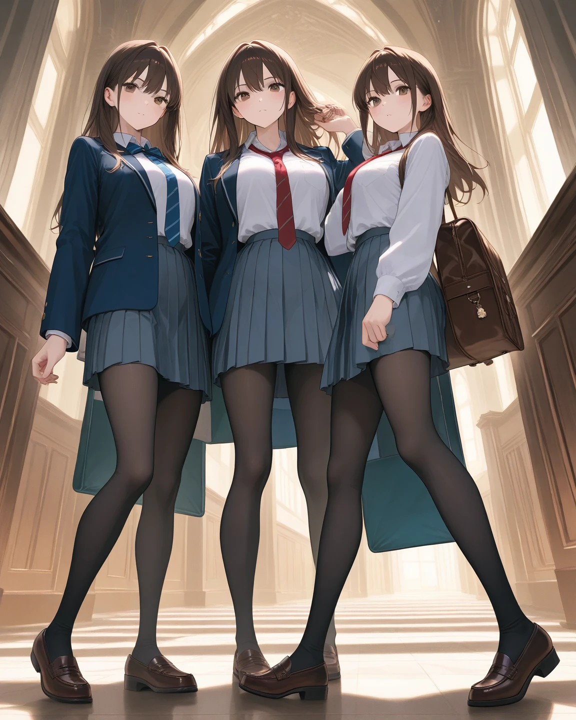 multiple girls, 3girls, standing, giantess art, highly detailed giantess shots, giantess, most detailed, perfect face, Two legs, Five fingers, short hair, A high school girl who is bigger than a skyscraper, Wearing rimless glasses, smile, huge breasts, Navy blazer, Red tie, mini skirt, black pantyhose, no shoes on, toes visible through pantyhose, Steam coming out from the soles of my feet, seaside metropolis, numerous miniature warships on the sea, Destroying cities, Under heavy attack, A very small big city, Miniature metropolis, Full body description, GTS, giga giantess, stomping city, crash city, tiny city, micro city, pantyhose feet, High resolution, highest quality, masterpiece, 