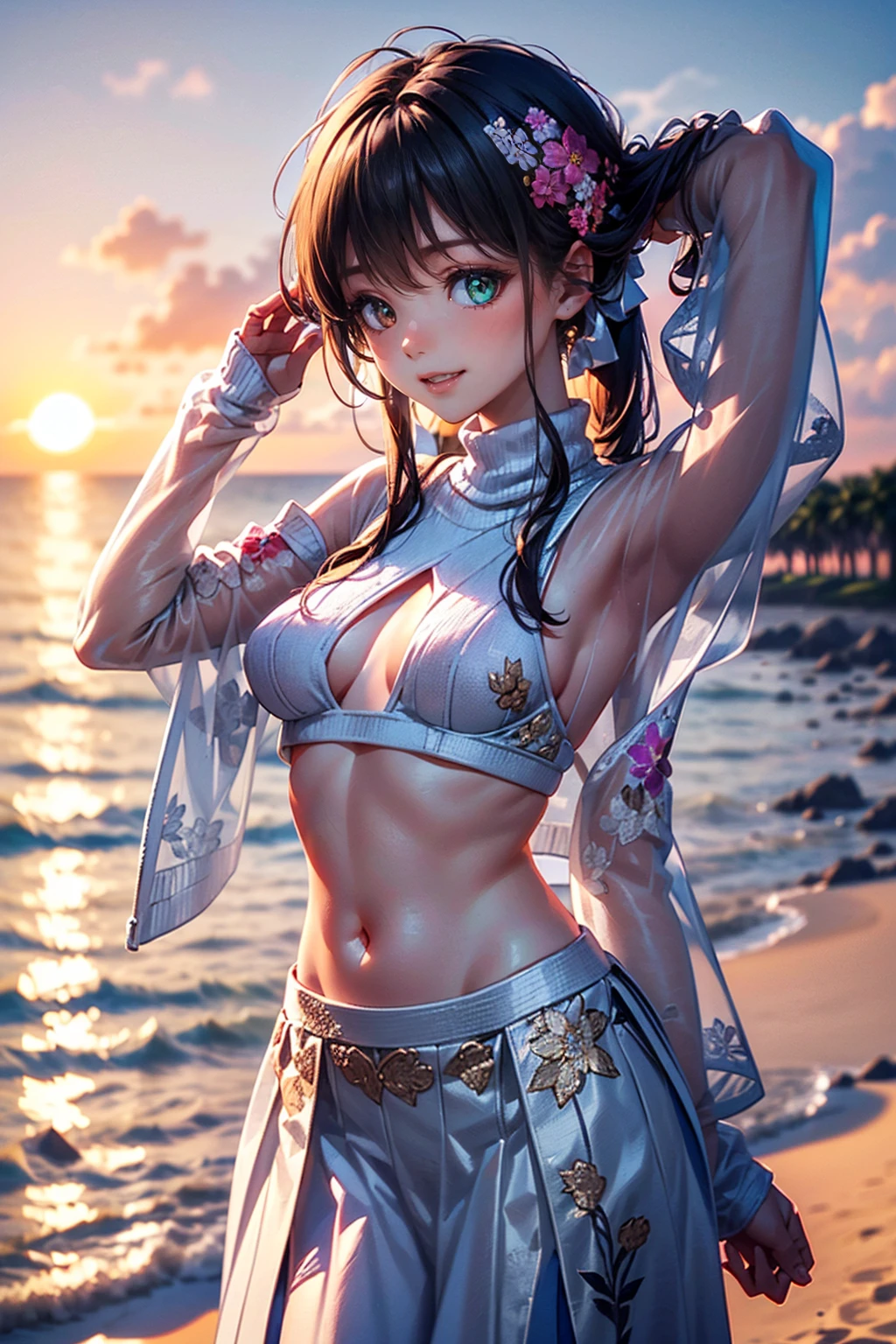 beautiful girl, petite figure, high resolution, ultra-detailed, best quality, blushing, embarrassed expression, arms crossed in front, hands behind back, clean armpits, topless, exposed chest, bare shoulders, exposed abdomen, straight arms, lifting arms, showing armpits, purple eyes, short bob haircut,