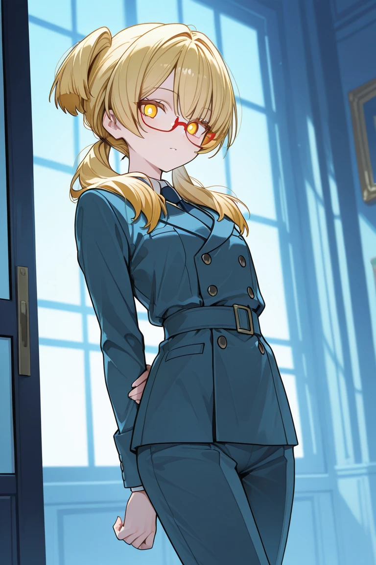season winter, ((it's snowing in the bridge)), masterpiece, beautiful detailed grow, 1 blonde bob hair woman, blue eyes:1.4, glasses, sexsy smile, head is blue beret, tops is blue coat, enjoy walking, illumination light. ultra high res.