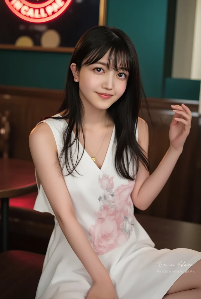 (Best Quality:1.2, 8K, Sharp Focus, master piece: 1.2, Cinematic Light, extremely details CG, beautiful Girl, reality, Detailed face textures, Realistic skin, beautiful makeup, Detailed bangs)), (depth of fields), Bokeh background, Head tilt, Smile, closes mouth, shiny black long hair, Cowboy Shot, white bare top mini dress, jacket off shoulder, wind