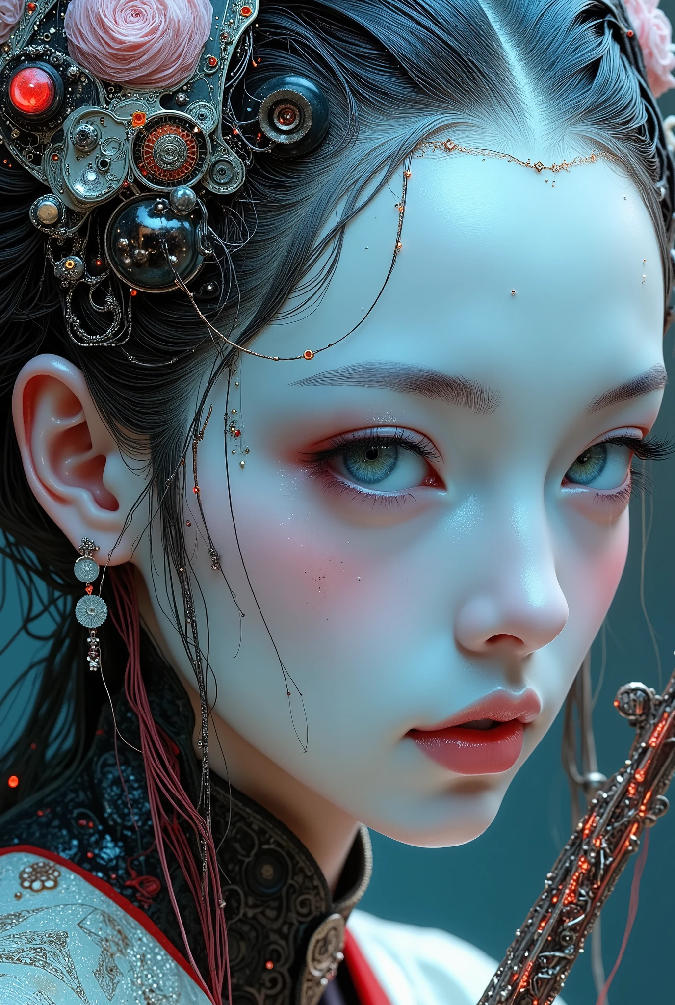 Extraordinarily beautiful and perfect Cyber Android Geisha, playing a traditional Japanese string instrument, ultra-high resolution surreal portrait. Hairstyle oiran, porcelain face with subtle imperfections and light reflections. Intricate mechanical parts visible through transparent panels on the head, miniature gears, circuits and pulsating optical fiber. With electronic shamisen.