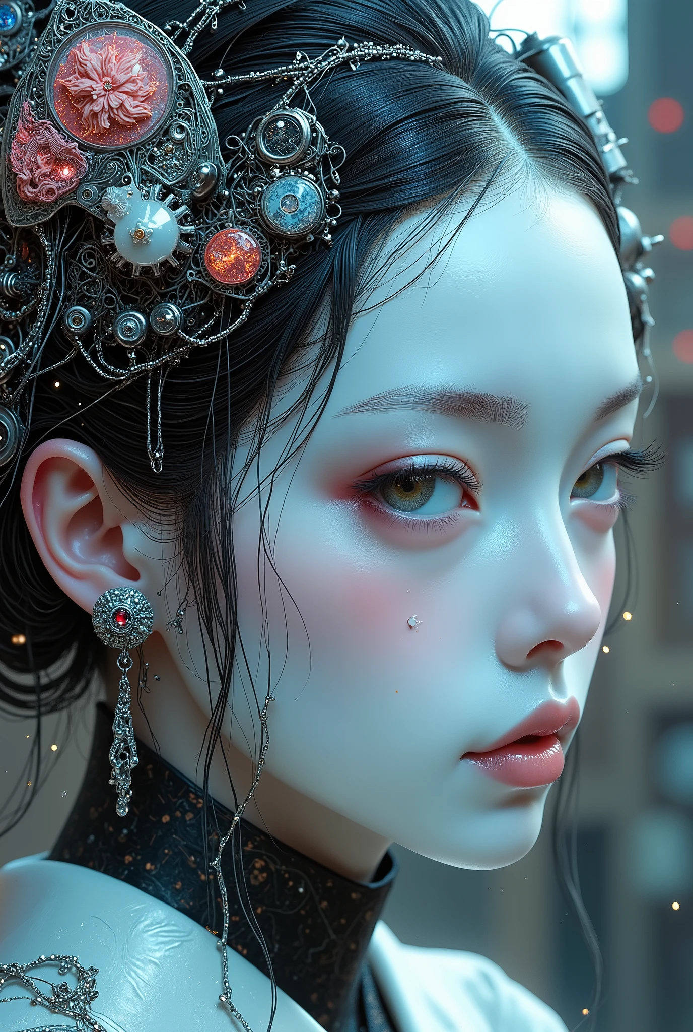 Extraordinarily beautiful and perfect Cyber Android Geisha, playing a traditional Japanese string instrument, ultra-high resolution surreal portrait. Hairstyle oiran, porcelain face with subtle imperfections and light reflections. Intricate mechanical parts visible through transparent panels on the head, miniature gears, circuits and pulsating optical fiber. With electronic shamisen.