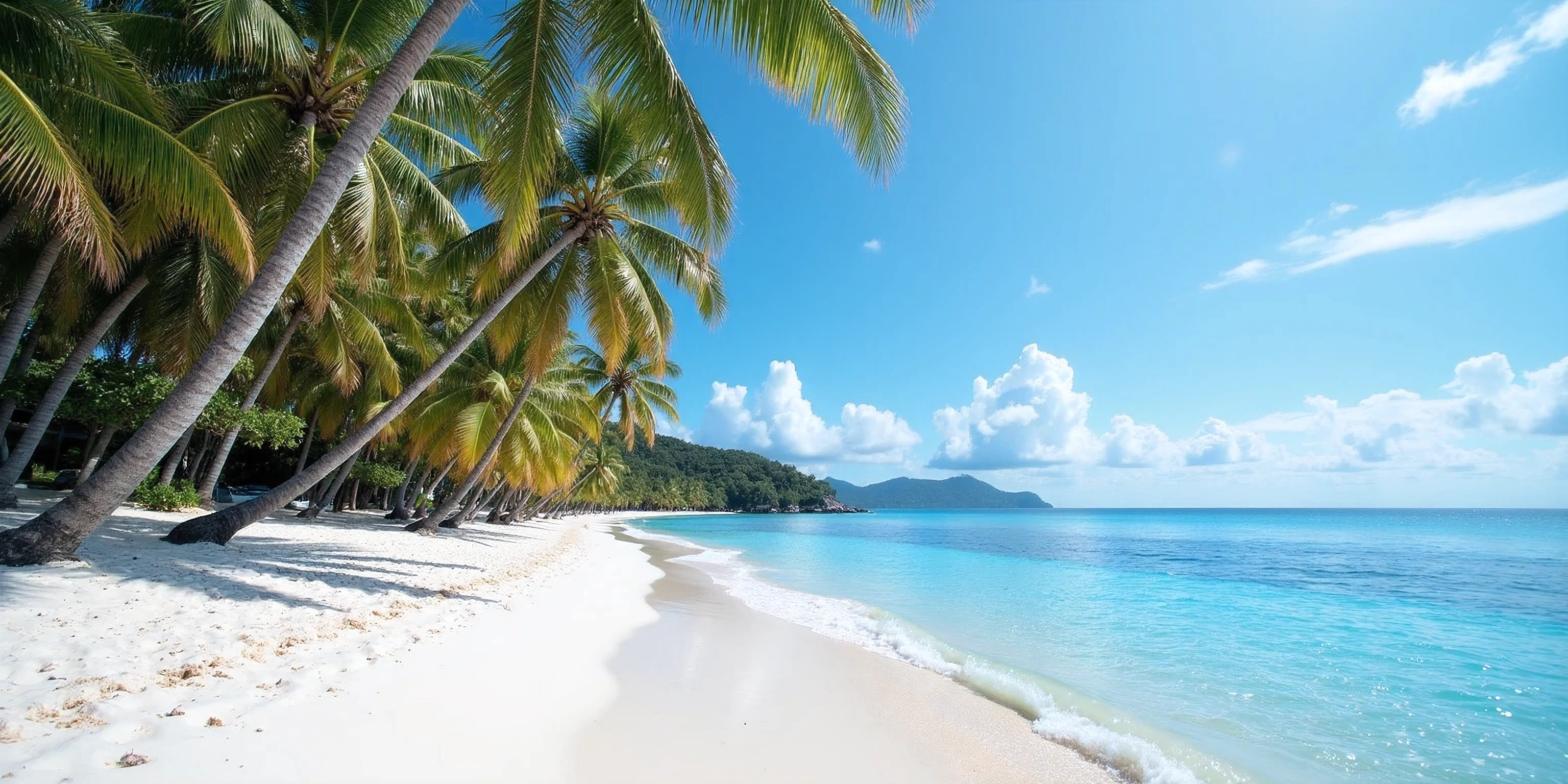 A fine white sandy beach stretches along a long curve against the gentle waves of clear blue sea water, graying shades from the bright blue near the coast to the deep blue sky at the horizon. The water surface reflects the sun in a shimmer, tall, airy coconut trees, fresh green leaves lean against the gentle breeze, some of them lean towards the gentle breeze. Incline freely to the sea. The background is a bright blue sky, tinged with light white clouds. The atmosphere is calm, only the sound of waves hitting the shore and the sound of leaves hitting the wind. Warm air, the faint smell of sea cough that touches the tip of the nose, ideal for relaxing and soaking. With nature
