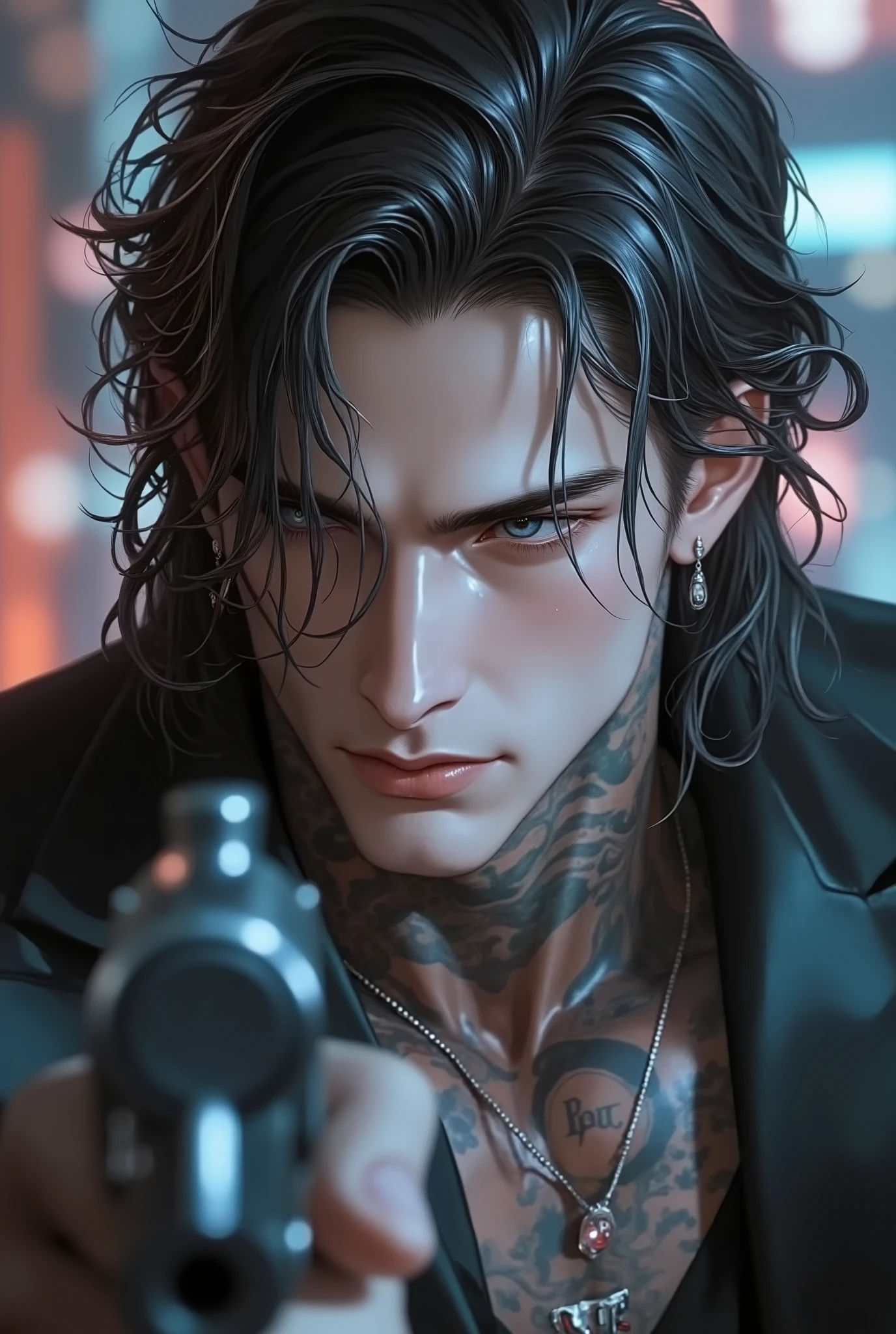 HANDSOME, MUSCULAR, TATTOOED CHINESE MAN, CHARMING, WITH PERFECT LIPS, BLUE EYES AND LONG CURLY CHOCOLATE-COLORED HAIR BELOW HIS SHOULDERS, LONG BANGS. DRESSED IN A SUIT, EARRINGS AND NECKLACE, WITH A GUN IN HIS HANDS.