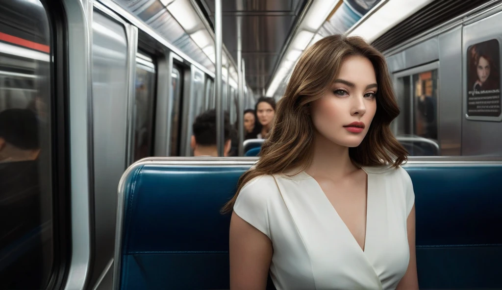 1girl, standing, centered, curvy, holding bag, detailed face, (looking at viewer:1.2), sleeveless ruffle blouse, high neck collar, skirt, slick back hair, hair strands, delicate watch, (10yo, cute:1.3), (breasts:1.2), feminine, train station, (best_quality, masterpiece:1.2), (highly detailed), (4k, 8k, uhd, high_resolution, highres), (luxurious modern train station, sleek architecture, elegant decor, marble floors, gold accents, contemporary chandeliers, spacious hall, high ceilings, large windows, polished surfaces, premium materials, sophisticated lighting, stylish seating, opulent atmosphere, refined decor, upscale ambiance, exterior view, luxury train parked outside, modern design:0.8)
