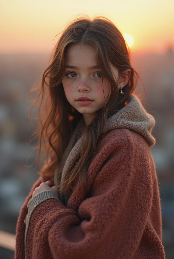 A beautiful girl covering face with brown torn scarf her crystal clear eyes pink and blue gradient colour and passing through street