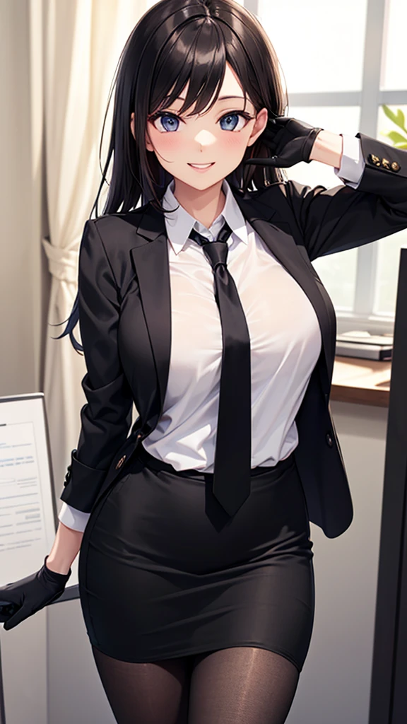 Sexy woman in a black suit tie smile