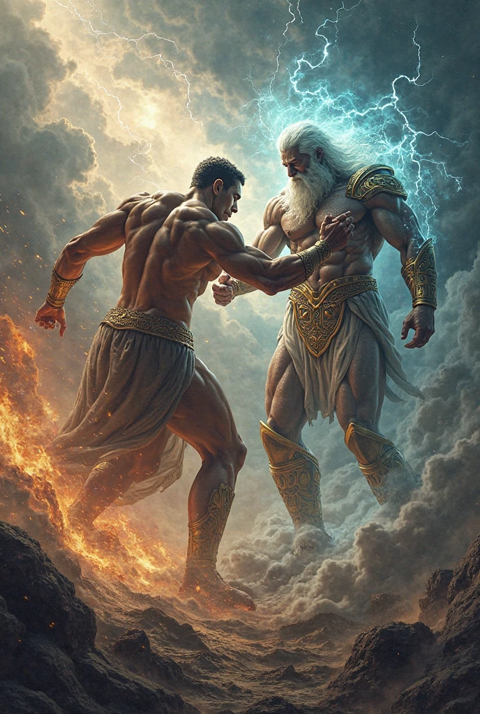 scene with two characters in which one of them is zeus, who has a big beard and the other is his father chronos who is bigger than zeus in size.  In this scene Zeus is punching Chronos in the face. the scene should have sparks of fire and lightning
