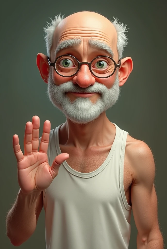 Create a Disney Pixar-style character, dark man, stark, thinning hair, thin white beard, eyes black, white undershirt, crossed arms, Grinning