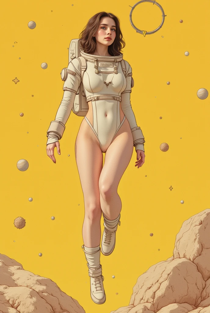 alien desert surface, landscape, woman, long legs, leotard, pantyhose, high heels, 90's, graphical design, (heavy ink, ink blacks), <lora:AstrAnime_RETRO:1>