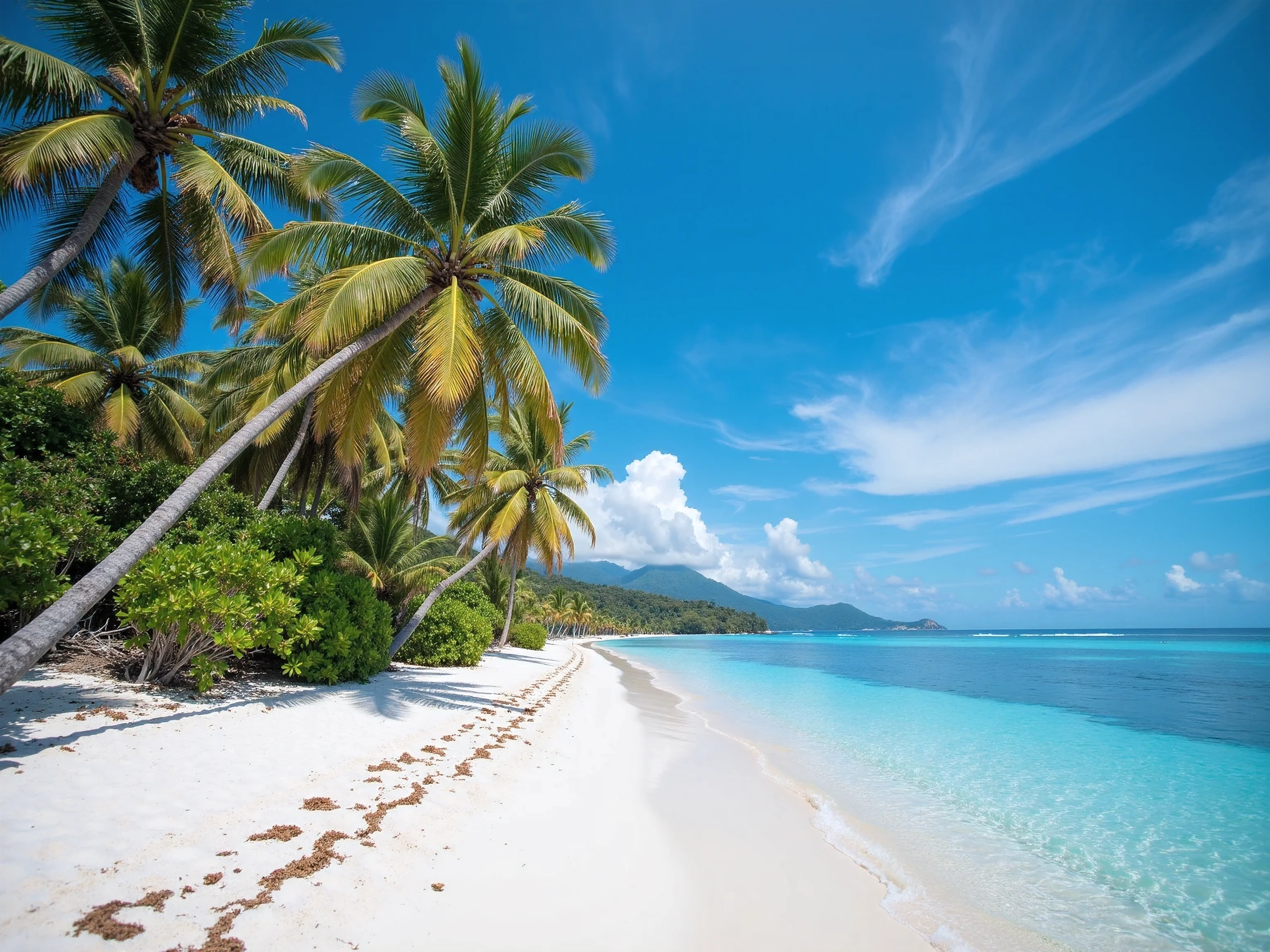 The clean white sand beach stretches parallel to the clear blue sea water reflecting the sun, the bright blue sky Sam with light white clouds, tall coconut trees leaning against the wind, spreading in groups to shade along the coast. The atmosphere is serene. and relax. Ideal for a relaxing day in a tropical paradise