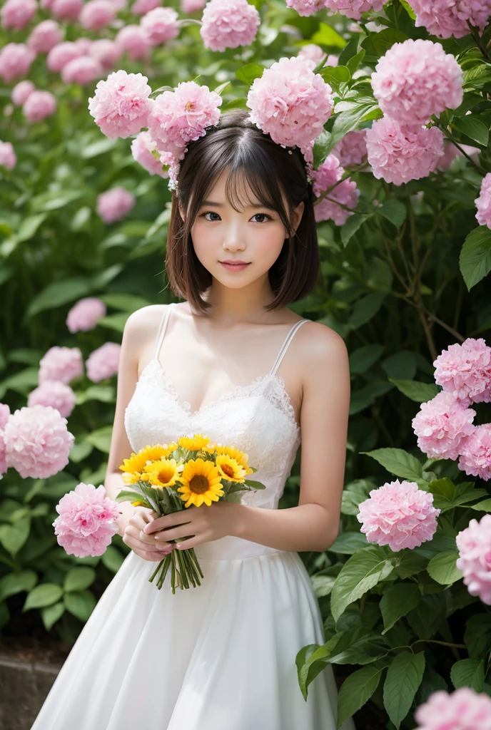 Beautiful adult woman、Brown Hair、Short Bob、Festre with many white and pink roses on his head,,、Small Face、compensate、smile、Slender body、Beautiful breasts、Cleavage、Pure white dress、Skirt、The skirt is decorated with roses of various colors.、Sitting among roses、Holding a bouquet of flowers in both hands、Party Venue、I look at you、celebration