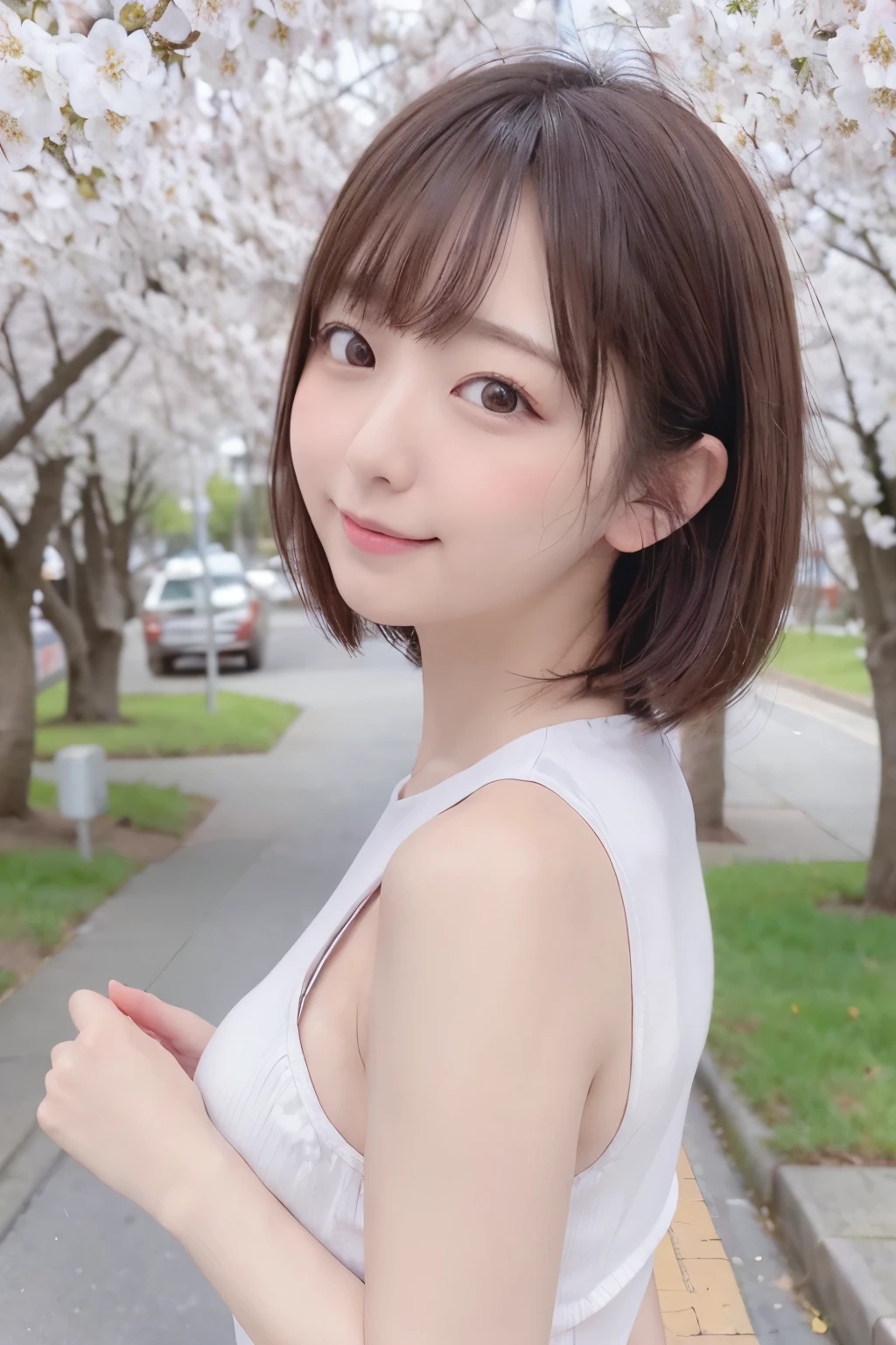 8k, raw photo, best quality, high resolution, realistic, photorealistic, extremely detailed 8k wallpaper, beautifully detailed eyes, finely detailed exquisite face,
 break 
rim lighting to buttocks, 
 break 
cherry blossom, 
japanese brick street cityscape, tower building, 
a lot of sakura bloomimg trees, spring sakura season city, 
 break 
perfectly anatomically correct:1.1, 
 break 
1 female is smiling cheerfully, 
very short bob hair, kawaii like an idol:1.0, 
symmetrical clear eyes, chocolate color eyes with captivating reflections, 
wide-set eyes, droopy eyes, small eyes, round face, rounded jaw, [chiseled face], [embarrassed, blush], 
symmetrical face line, stereoscopic projection, 
wearing dark-colored pantsuit for business, 
high tensioned creases form in clothing due to lifted beautiful ideal ellipse protruding shape medium soft buttocks upturned, 
 break 
buttocks POV shot from below, dynamic angle, bokeh