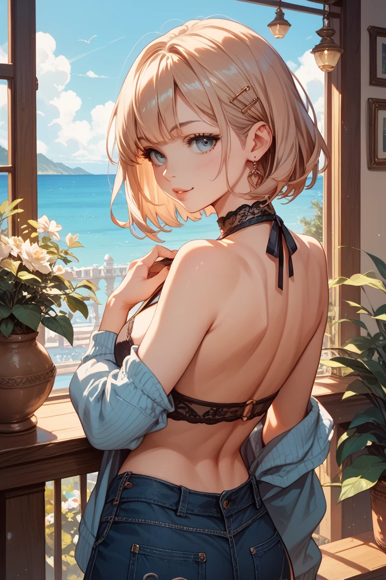 1girl, franja, ombros apertados, Corpo de Loli, Menina de 15 anos, blonde hair, short hair, olhos amarelos, seios, clivagem, boca sensual, seios pequenos, bunda de frente para o espectador, back to screen, sorrir, tenso, micro shorts 1.3, Ultra HD | | | |, Imagem 4k, glasses, character near the camera