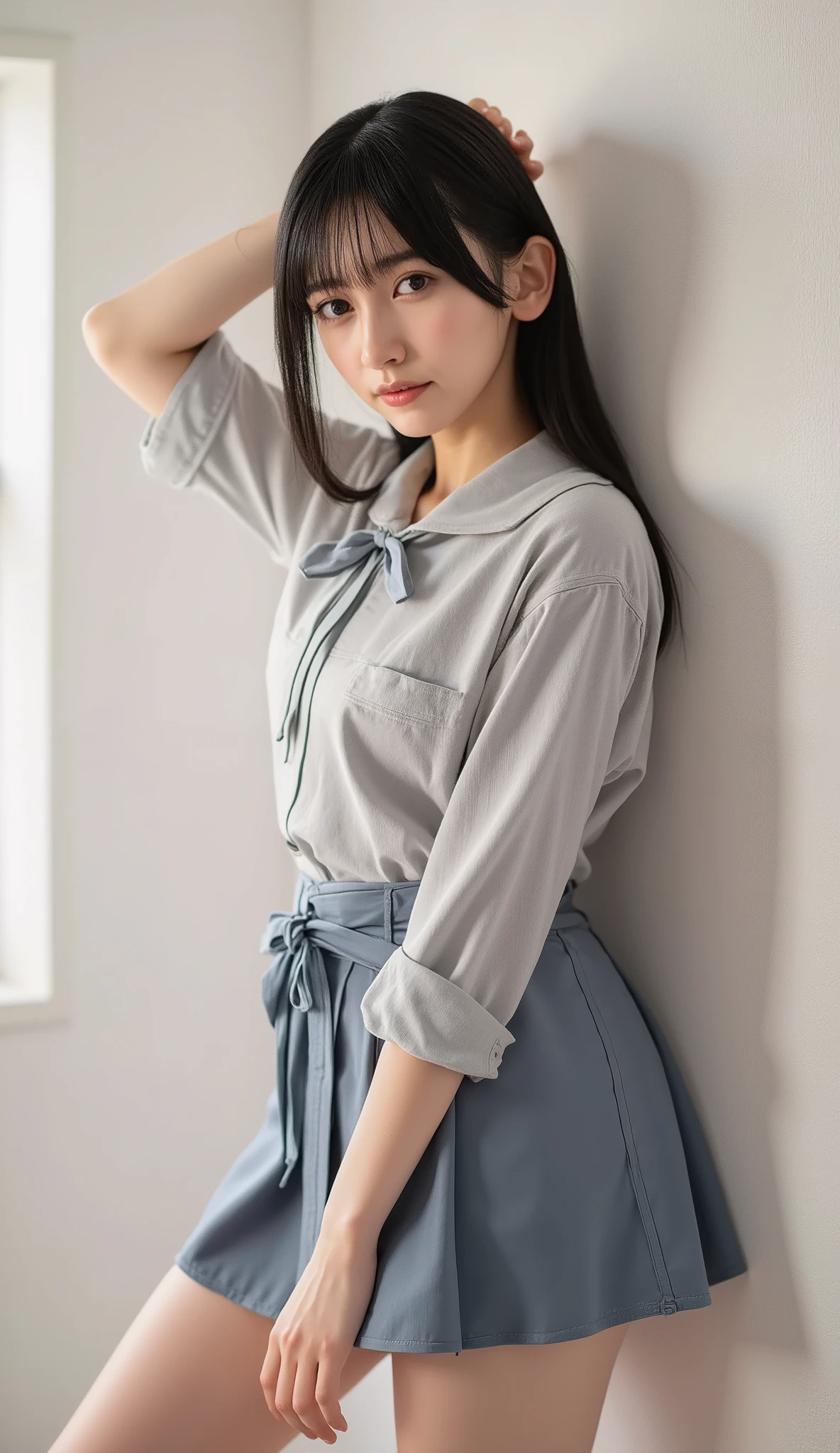 best quality, 8k, masterpiece, Ultra High Resolution, (photorealistic: 1.4), RAW photo, ( black hair 、Bright and long hair ), (wearing unbutton shirts, micro skirts), (Tied at the waist:1.3), slim abs: 1.1,((Big breasts)),solo, ((full body:1.4)), open breast, bare thigh, leaning on a wall, sensual body.