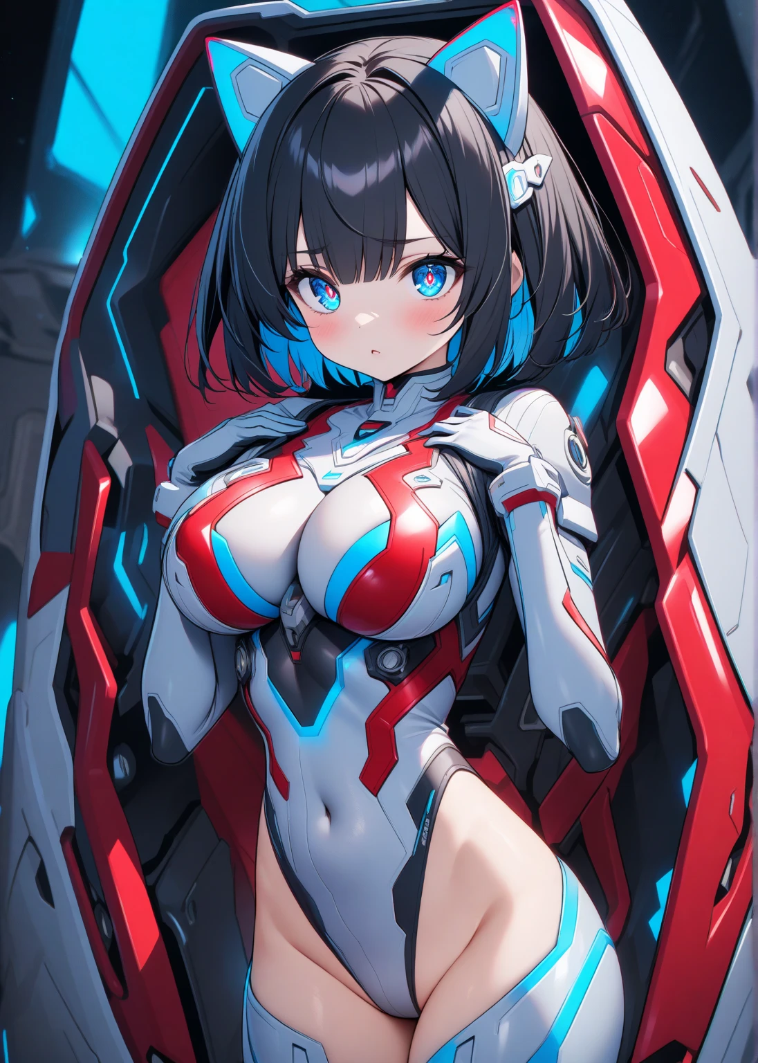 masterpiece, best quality, detailed eyes, black background,
1 anime girl, (cowboy_shot view), thighs,
shiny skin, oily skin, 
[standing straight],
extreme lowleg, very skimpy,
(mechanical wings girl), vibrant colors,
(bulky gown), spiked headgear, 
mecha headgear, mecha gear, sci-fi, mecha musume,