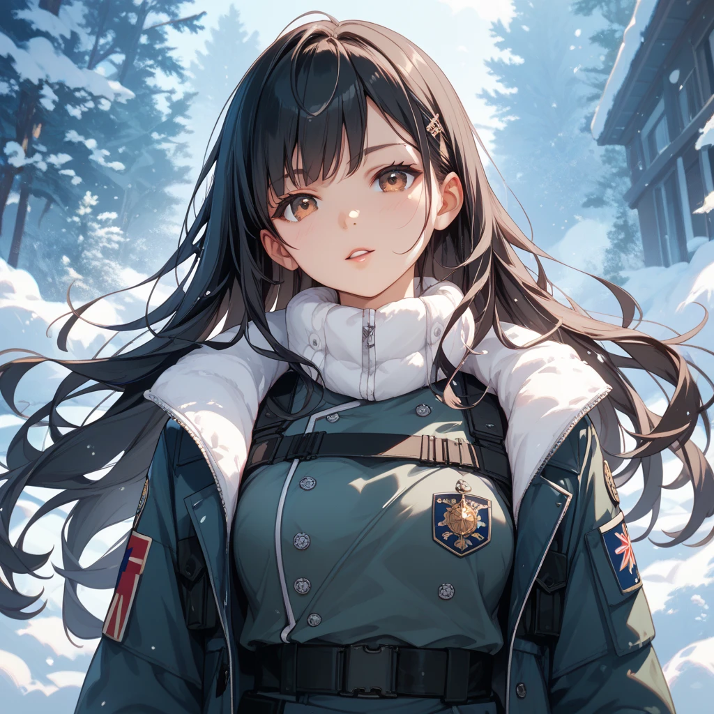 one woman、slightly brown black hair、Straight long hair、brown eyes、White Gal、Military cold protection、cold weather background