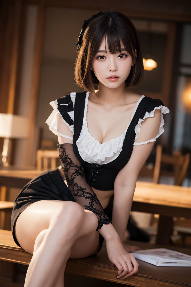 (Highest quality, masterpiece, Ultra-high resolution, 8k, RAW Photos, Realistic, Anatomically correct:1.5), 20-year-old girl:1.2, Embarrassing, avert your eyes, blush:1.0, View Viewer, ((bar)) 、Large windows、Night view、 Light:1.2, Bokeh, Cinema Lighting:1.0, Depth of written boundary, sharp、 Cute Face、Idol、Wine colored short sleeve lace top、Black tulle skirt、wine colored clothes、”dwarf”、(Floral clothes)、(Full Body Shot)、Side angle、Cowboy Shot、 smile、((Ultra short hair、Berry Short))、(Straight bangs)、((See-through))、(( One Girl))、Waist、I can see your thighs、