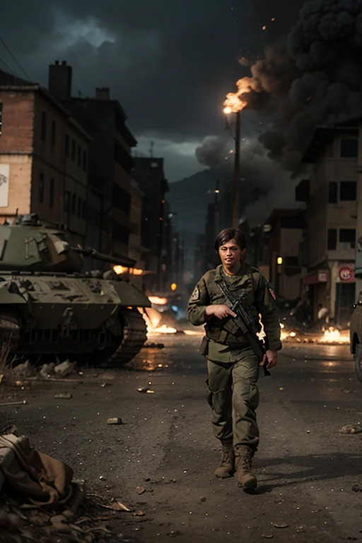 In the desolate landscape of a war-ravaged city street, an unhinged soldier staggers amongst the wreckage. With a wild glint in his eyes, he flails his arms about erratically, his movements jerky and unpredictable. His tongue lolls out of his mouth, a grotesque and unsettling display of his inner turmoil.
Surrounding him are the twisted remains of destroyed vehicles, their metal carcasses a testament to the violence that has unfolded in this once-thriving urban landscape. The acrid smell of smoke and ash hangs heavy in the air, mingling with the stench of decay and desperation.
The soldier's uniform, once crisp and proud, is now tattered and stained, bearing witness to the horrors he has witnessed and perpetrated. His expression is one of madness and despair, a stark reminder of the toll that war can take on the human psyche.