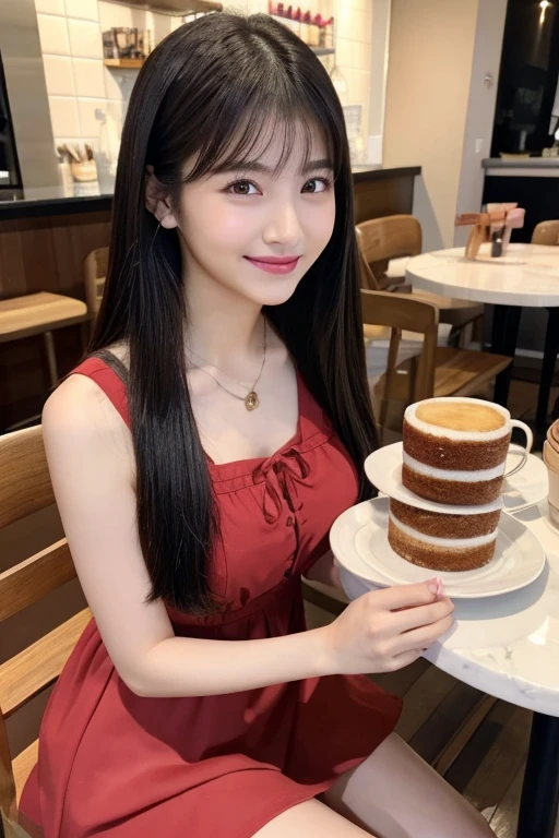最high quality,Very detailed,finely,High resolution,8K壁紙,Perfect dynamic composition,Young Japanese Woman,Age 25, Black Hair, thin, 4K, 8K, high quality, beauty, smile, White teeth,Beautiful Eyes, Characterized by simplicity, High resolution,1 person,Japanese Idols,Large Breasts,ponytail,Landmine Makeup,Red cheeks,whole body,Cafe,,Afternoon tea,Pop and cute colors,Korean Makeup