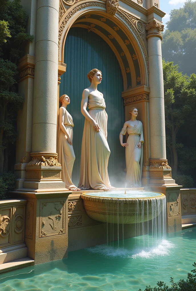 Female plaster statue in captivating poses in lush garden