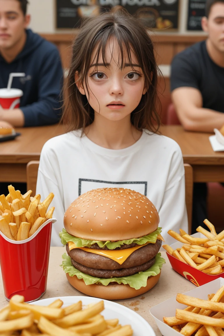 1girl, food, solo, eating, long hair, burger, blurry, brown hair, blurry background, wristwatch, jacket, watch, holding, holding food, realistic, cup, looking at viewer