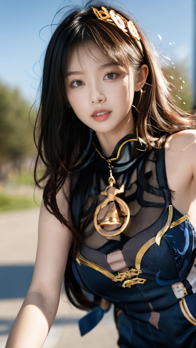 (RAW photo, best quality, masterpiece, ultra-detailed, high res), (realistic),(extremely delicate and beautiful:1), mesmerizing woman with long hair in sleek high ponytail , (((wearing glossy silver and gold lined cloak fastened at the neck :1.20))), crop top and hotpants , detailed features, smiling expression of feelings, imaginative, highly detailed, extremely high-resolution details, photographic, realism pushed to extreme, fine texture, 4k, ultra-detailed, high quality, high contrast, full body shot