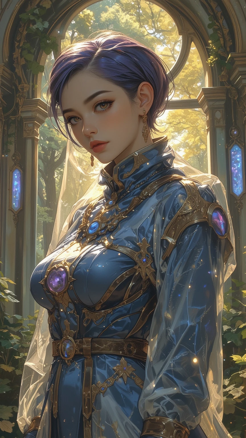 (((highest image quality, best quality, masterpiece, transcendent beauty))), the most detailed skin, realistic, complex backgrounds, cinematic, cowboy shots, women with glass wands, aristocratic clothes, puddles, stained glass, cathedrals, magicians, blue world, sitting, over technology, mechanical and magical world, mandalas, Alphonse Mucha, Bauhaus