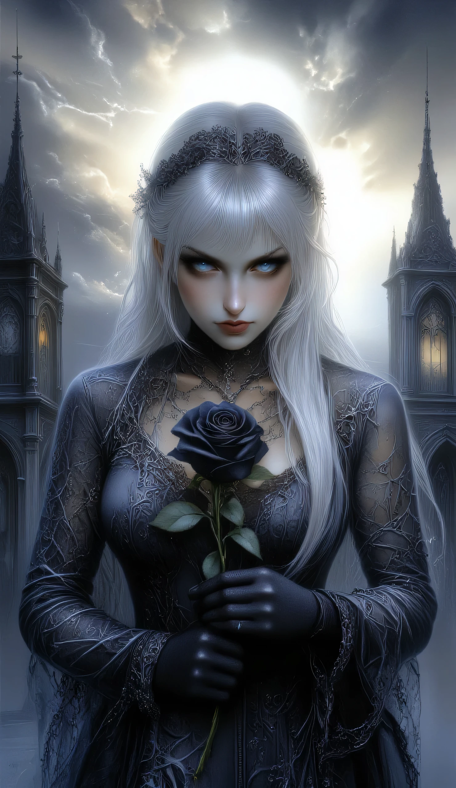Create a hyper realistic gothic-themed digital artwork of a young female with long, straight white hair holding a black rose. The female's face should be beautiful. The background should feature a dramatic sky with rays of light and two gothic-style church spires. The female should be wearing a dark, lace garment. The overall mood should be gothic and mysterious.