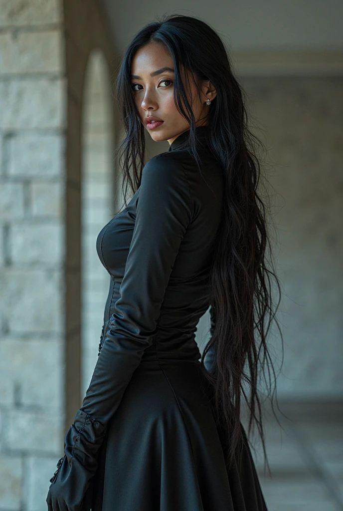 photorealistic:1.4, masterpiece, best quality, solo, Detailed face:1.2, perfectly proportions, photos realistic, ,Photo of mature Instagram model, raw , straight long black hair, school girl dress, thigh high socks, blurry background, eye focus, cowboy shot, huge city background, facing front, dramatic light, cinematic light, realistic, realism