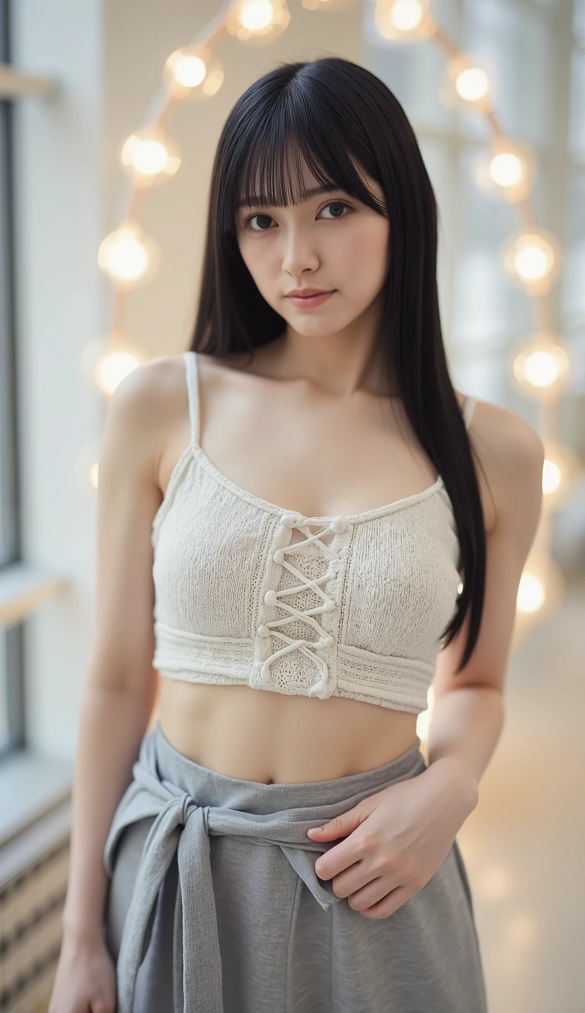 best quality, 8k, masterpiece, Ultra High Resolution, (photorealistic: 1.4), RAW photo, ( black hair 、Bright and long hair ), (wearing knit strap tanktop, micro skirts), (Tied at the waist:1.3), slim abs: 1.1,solo, ((full body:1.4)), open breast, bare thigh, vurious pose, sensual body, squished breasts, crushed breasts, giant breasts.