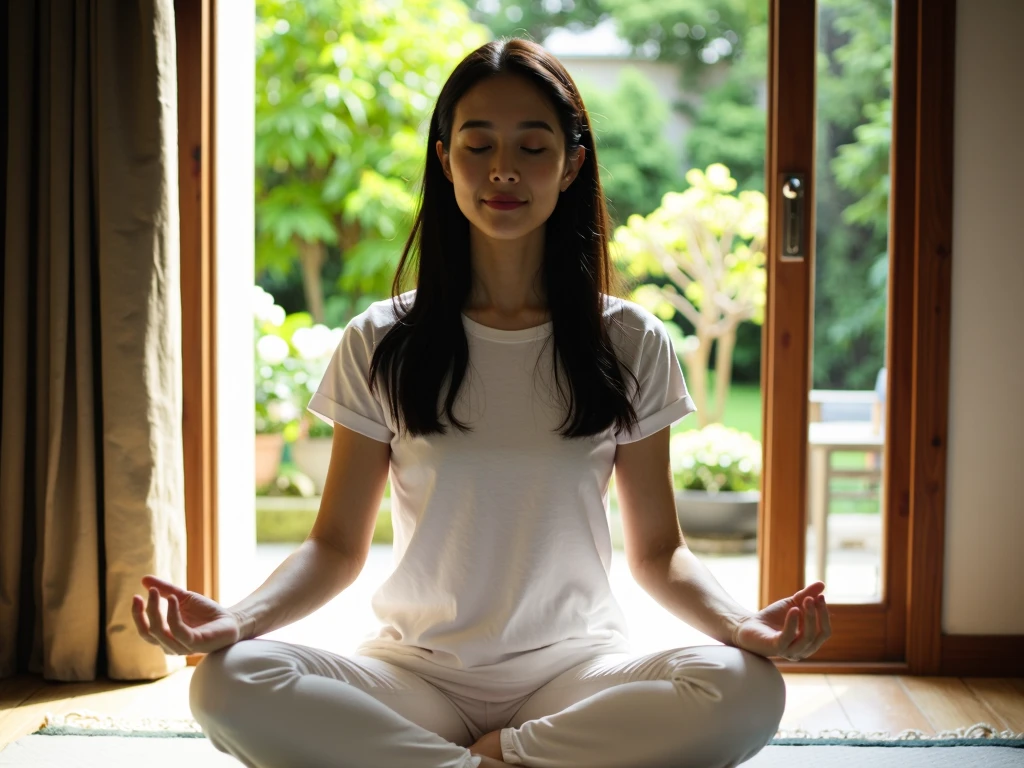 {
"Prompt": "Create an image of a 25-year-old woman who will lead YouTube tutorials on mindfulness. Place her in the center of the composition with a serene expression. Ela senta-se confortavelmente, Engaging with the camera, mantendo um comportamento calmo e composto. The setting is a quiet space with elements of nature, promover uma atmosfera de serenidade. Make sure she faces the camera directly with her eyes open, Exuding trust and authenticity. The background is a clean, branco convidativo. Capture her engaged expression as she discusses mindfulness, using gestures that resonate with your deep understanding of the practice. The camera angle is a frontal shot, focando em seu rosto e parte superior do corpo. Opt for a 50mm lens to maintain natural proportions. Soft lighting surrounds her, casting a warm, soothing glow. The resulting image must radiate the essence of mindfulness, convidando os espectadores a embarcar em uma jornada de autodescoberta e tranquilidade."
}