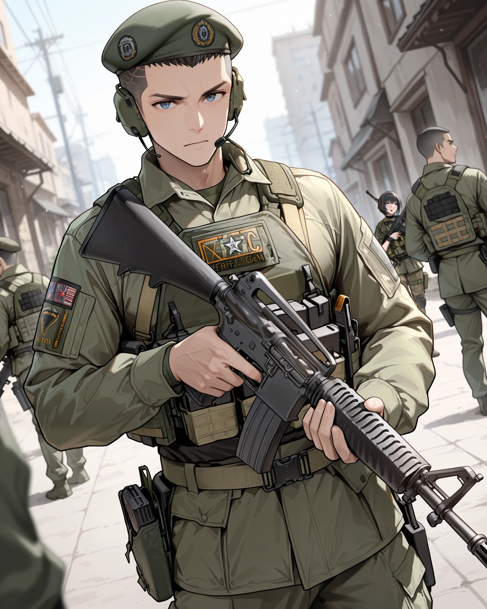 masterpiece, absurdres, highres, newest, solo, solo focus, 1boy, adult male, male focus, black hair, short hair, crew cut hair, blue eyes, green uniform, beret, tactical gear, headset, (holding m16, c-m16, m16a2 rifle, perfection, perfect gun, very detailed weapon, 1.2), looking at viewer, outdoors, depth of field, dutch angle