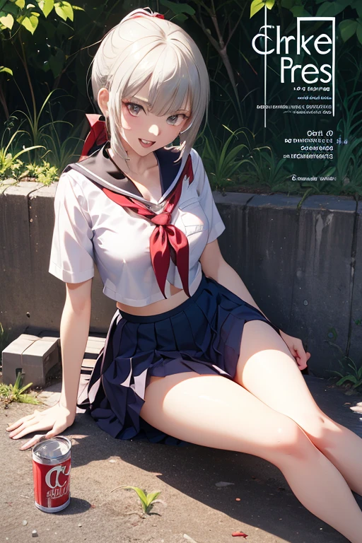 (Tabletop, Highest quality, Super detailed, 8K, wallpaper, Realistic), ((Perfect hands)), ((Perfect Anatomy)), Medium cleavage, Ruins of concrete、 ((Attractive anime one girl)), ((Rei Ayanami)), ((Capture her mysterious beauty with her white skin, The dense indigo short hair is impressive)),Beautiful detailed face、A kind smile、Look at the viewers、 ((Bright red eyes)), ((Junior High School Uniform))、(White panties), ((Medium Shot, From below)), Kamimei