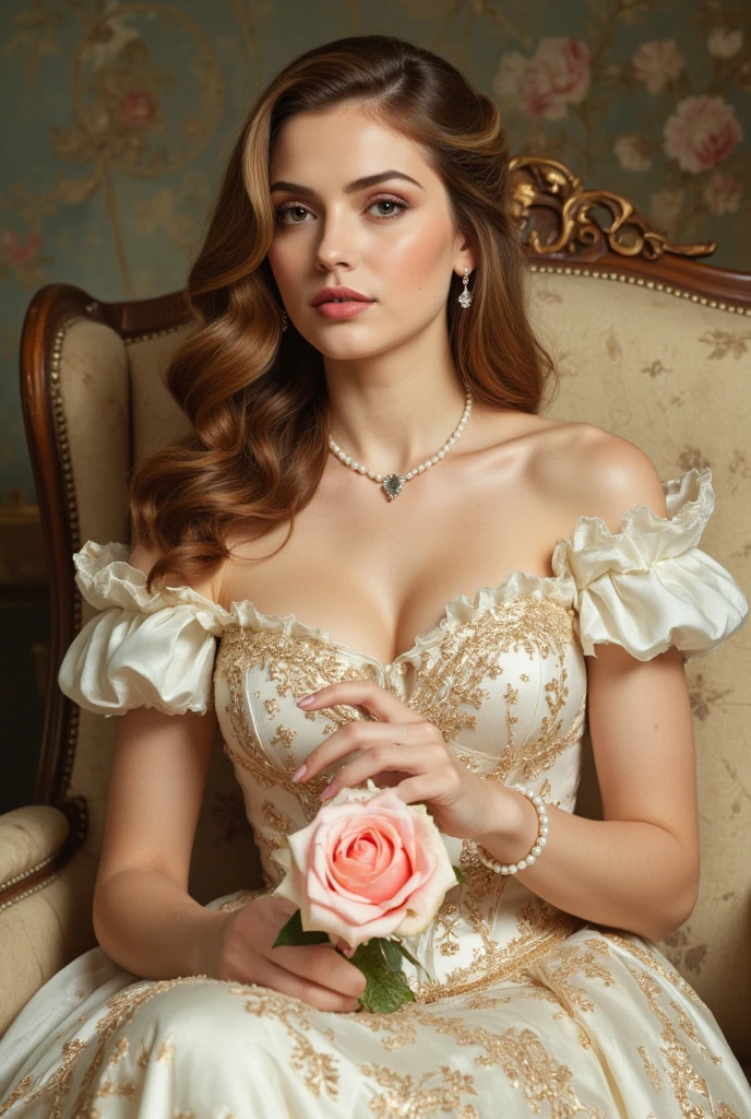 A hyper-realistic portrait of a young, elegant princess with light brown hair styled in a sophisticated updo. She is wearing a stunning white lace gown with intricate floral patterns and a high neckline. The princess is adorned with a delicate, ornate tiara and matching earrings. The background features an elaborate, vintage-style room with a soft, serene ambiance, capturing the regal and graceful essence of royalty.