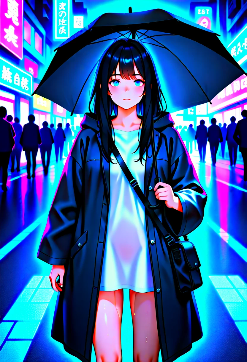 Night streets of a futuristic cyberpunk city、 Intense Neon Light 、Light reflected on wet road、Mist rising from the ground、Vibrant urban atmosphere、 Futuristic Tokyo 、Crowd in motion、Motion blur of a passing car、Glowing digital advertisement、Cinematic Atmosphere、Mysterious Japanese woman in a black sleek hooded coat、Standing under a black umbrella、Long black hair partially visible、Delicate Face、Soft yet determined expression、Holding a leather shoulder bag、Centered on a crosswalk、Artistic long exposure photo、Vibrant red, blue and purple light trails、Deep shadows and strong contrasts、Strong Contrast between Light and Shadow、Immersive and energetic Tokyo nightlife、Abstract experimental street portrait、Ultra-fine、Hyperrealistic、8k、Professional Photography