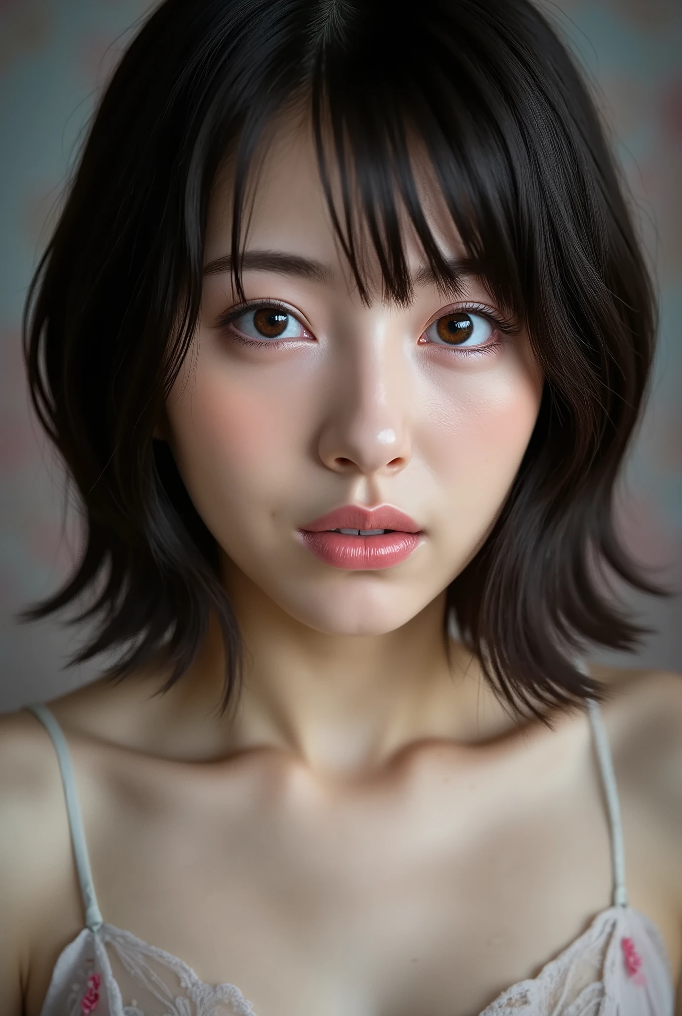 (( Best Quality )), ((masterpiece)), ( details), first-person view ,japanese girl, sexy,( Bring Your Face Closer ),((mouth wide open )),((underwear)), short hair, black hair, ((( without makeup )))
