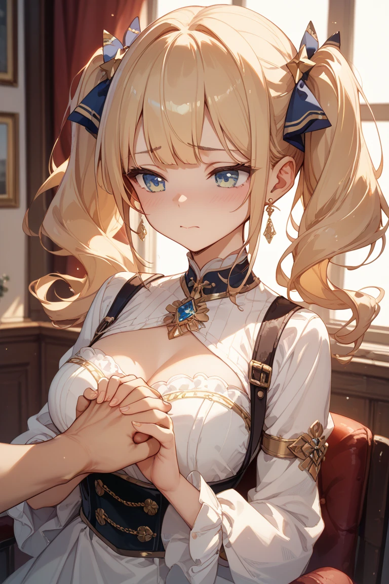 bunnyArtoria hairstyle, outfit-bunnyArtoria, 1girl, blonde hair, green eyes, looking at viewer, breasts, long hair, ponytail, poker chip, braid, hair between eyes, table, bangs, sidelocks, large breasts, french braid, bare shoulders, ahoge, smile, tiara,