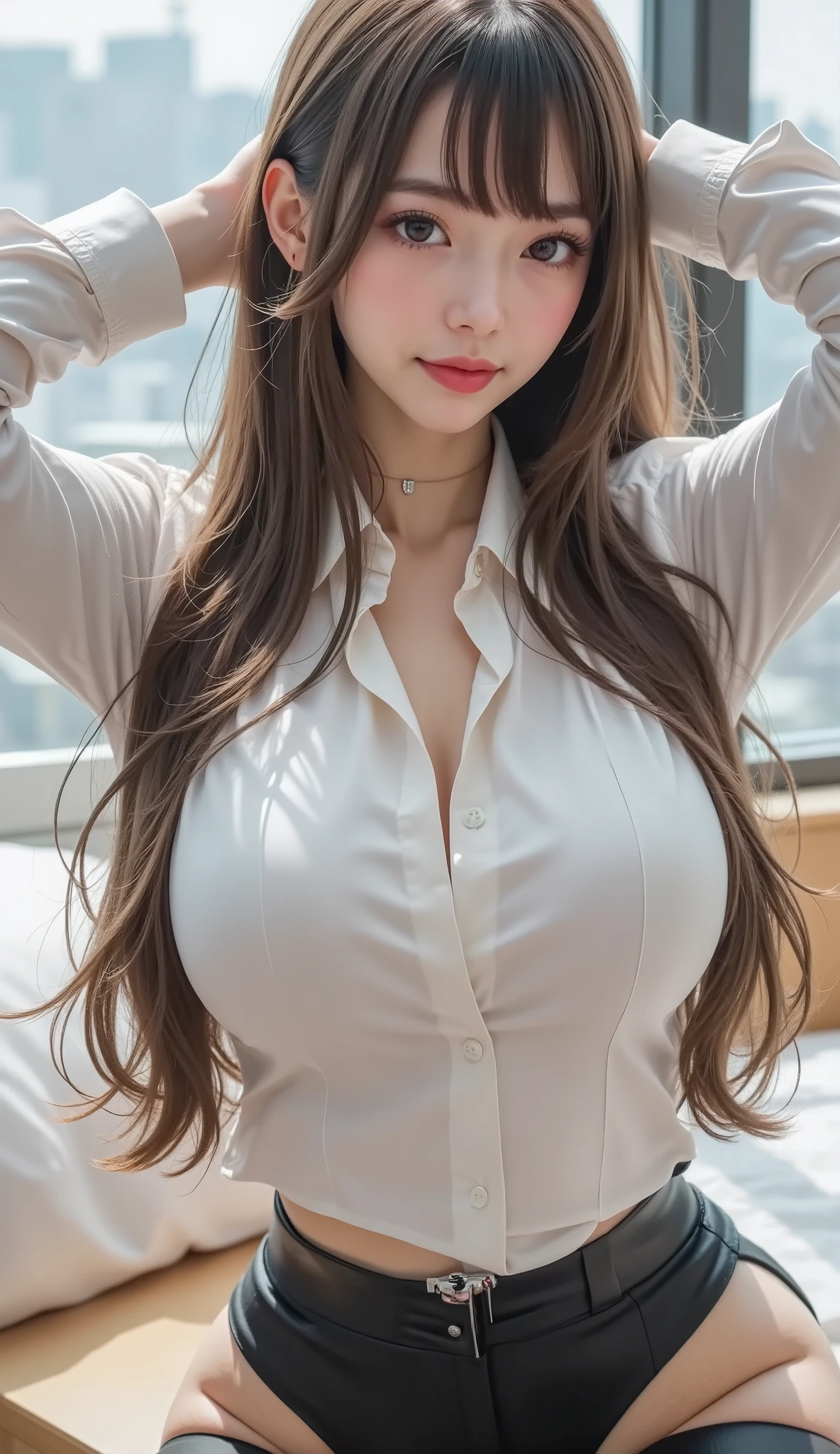 (16k、 RAW photos , top quality, masterpiece)、(Actual photo)、(realistic pictures)、 Learn more, beautiful eyes, very detailed and beautiful , amazing details 、 BEAUTY WITH PERFECT BODY 、 real face, detail your face down to the smallest detail、 brown hair、 pink plump gloss、Long loose hair 、Beautiful older sister、 cute beauty with perfect body 、 glowing skin、 glossy lips、 high resolution face and skin texture 、 detailed eyes 、double eyelids、Eyes are black、blue eyes、 Has bangs、A wide shot of a character、Business、 white shirt、 miniskirt、 black stockings、 office district、Asahi、 fold your hands behind your head
