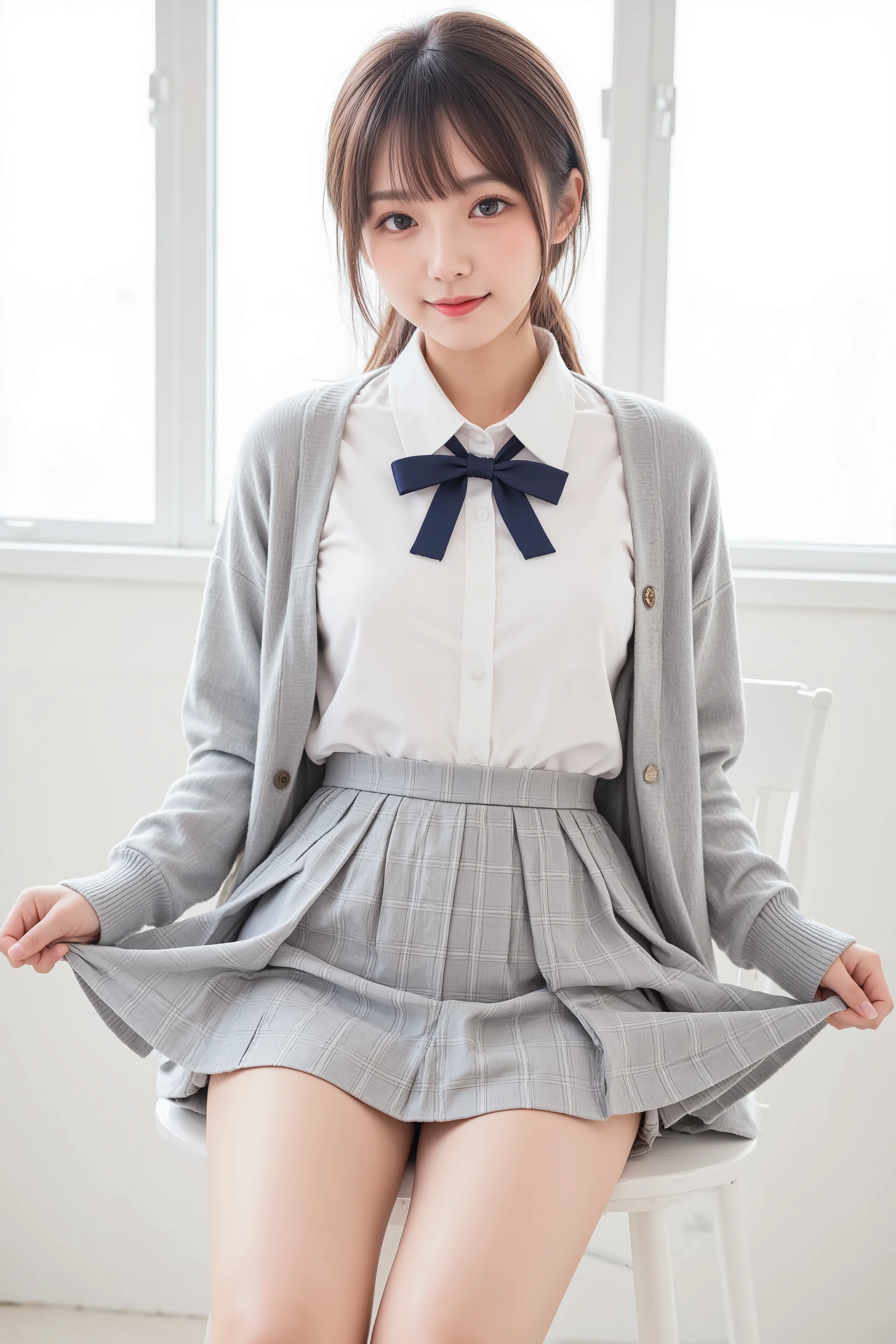 high image quality、High detail、Realistic skin、pretty face、smile、Japanese beauty with medium hair、white shirt with navy bow、grey cardigan、Short Check Pleated Skirt、( and shows off her white panties:1.8.)、to raise the skirt、white background、Sit with your legs spread out