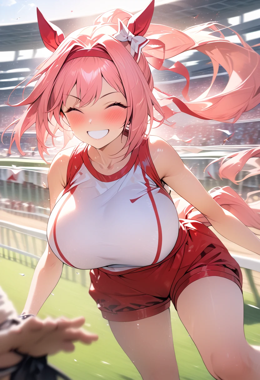 mastute piece,Best Quality,insanely detailed,8k cg,
shoot upper body,
1woman,18age,standing,body in front,looking at viewer,(cheer leader costume,pompoms),break,
blush,shy,(trembling:1.2),pink hair,break,open mouth,large breast,outdoor sports field,