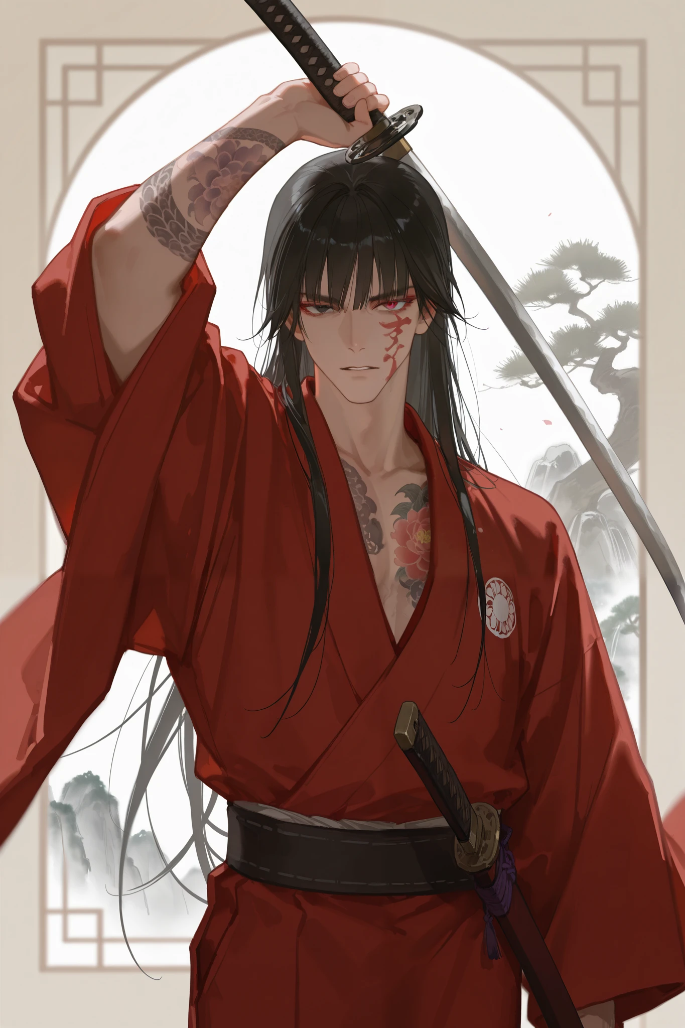 masterpiece, best quality, very aesthetic, newest, absurdres, highres,
yuyuhuadiao,
1boy, solo, long hair, male focus, black hair, waist-deep, colored eyelashes, parted lips, red kimono, looking at viewer, tattoo, straight bangs on the face, heterochromia, very highly detailed face, yakuza, japanese style, japanese style background, very detailed background, very detailed face dynamic pose, katana