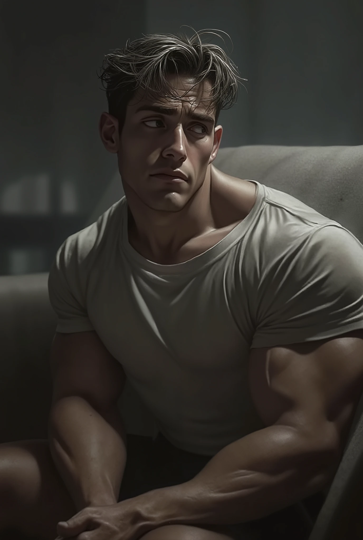 (Best Quality,4k,8k,high resolution,Masterpiece:1.2),ultra detailed,1 man,40 years, mature man, very handsome, muscled body, indoor background, cinematic lighting, imagen HDR, Draw a male character with a strong, muscular build, broad shoulders, and well-defined muscles. He is sitting on a sofa in a slouched, dejected posture, conveying a sense of exhaustion or melancholy. His hairstyle is short and natural, with some strands slightly tousled upwards, without being overly neat. He wears a simple T-shirt with no extra decorations, emphasizing his muscular physique. The background should be simple to keep the focus on the character's appearance.
